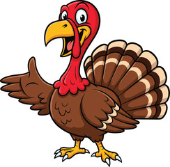 Cheerful Cartoon Turkey Mascot Waving Wing, Red Head and Wattle, Brown Tail Feathers, Thanksgiving Character Cad Drawing Vector Illustration