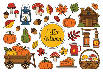 Flat illustration of various autumn harvest and nature elements with Hello Autumn text. Includes pumpkins, leaves, mushrooms, lantern, and cozy fall items. Ideal for seasonal themes © meeblues