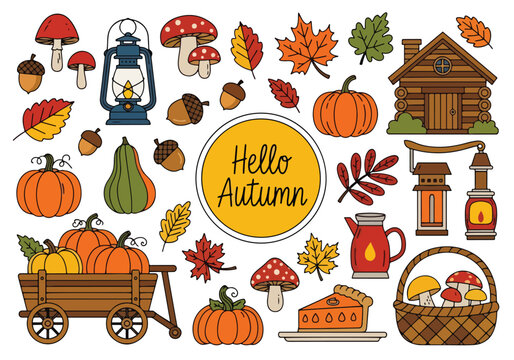 Flat illustration of various autumn harvest and nature elements with Hello Autumn text. Includes pumpkins, leaves, mushrooms, lantern, and cozy fall items. Ideal for seasonal themes