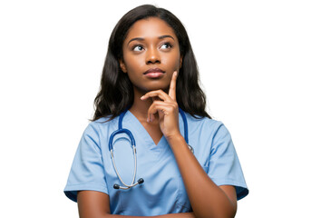 Nurse thinking with hand on chin isolated on transparent background