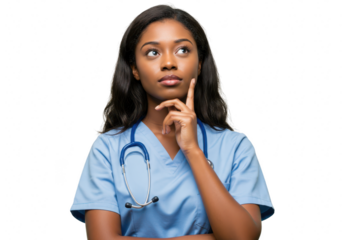Nurse thinking with hand on chin isolated on transparent background