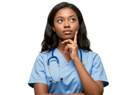 Nurse thinking with hand on chin isolated on transparent background