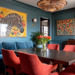 Dining room with red chairs and chandelier light
