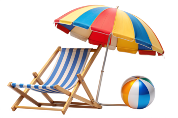A colorful beach umbrella and striped chair isolated on transparent background, perfect for summer vacation, relaxation, and fun in the sun