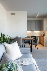Modern grey apartment with minimalist wooden interior