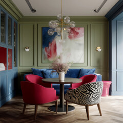 Modern interior with green walls and bold accents