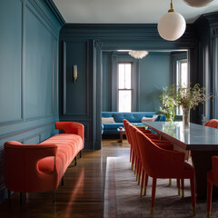Victorian dining room with red chairs and teal sofa