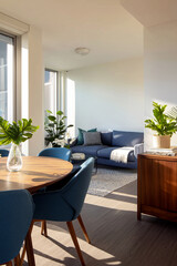 Mid-century dining area with blue chairs and sunlight