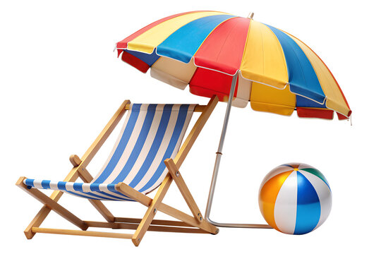 A colorful beach umbrella and striped chair isolated on transparent background, perfect for summer vacation, relaxation, and fun in the sun