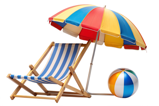 A colorful beach umbrella and striped chair isolated on transparent background, perfect for summer vacation, relaxation, and fun in the sun - Powered by Adobe