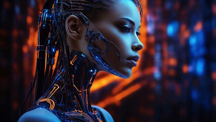 Portrait of woman in headphones listening music with closed eyes. Double exposure of female face and galaxy isolated on white background. Digital art. Blue neon light. Free space for text.