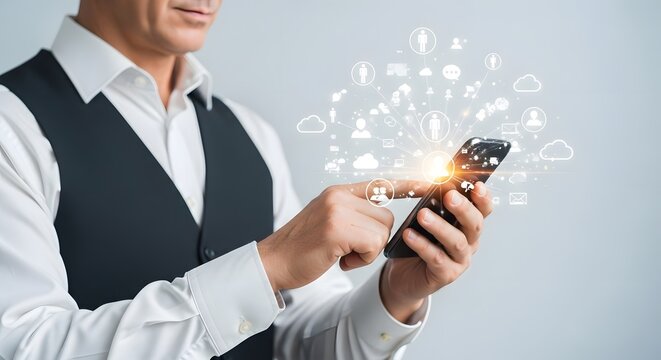 Businessman using mobile phone for social media marketing and digital communication tech