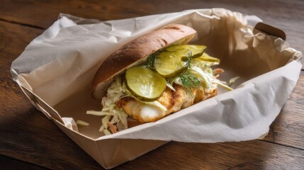 Fresh fish sandwich with pickles.
