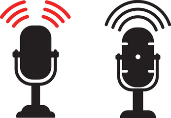 Retro Microphone Icon Set: Broadcasting, Podcast, Radio, Communication, Digital, Audio, Vintage, Black, Red, Wireless, Signal, Vector Illustration.