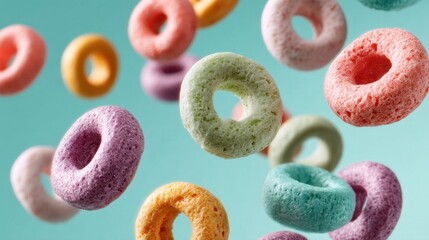 Colorful cereal loops floating.