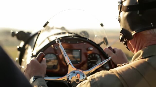 Pilot Flying Vintage Airplane with Classic Instrument Panel, Aerial View of Fields at Golden Hour
