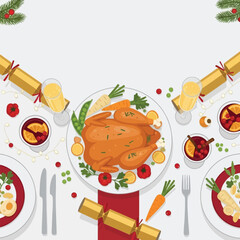 An inviting top-down illustration of a holiday feast, showcasing a succulent roasted turkey surrounded by colorful vegetables, festive drinks, and traditiona...