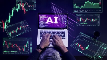 Artificial intelligence programming with financial trading charts and data analytics. Developer typing code on laptop surrounded by market graphs. Ai technology in finance concept. - Powered by Adobe