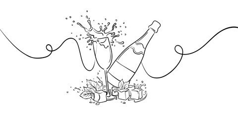 Glass of champagne with splashes and ice with mint, continious line drawing. Splashes of champagne outline. Alcoholic drink. Vector illustration