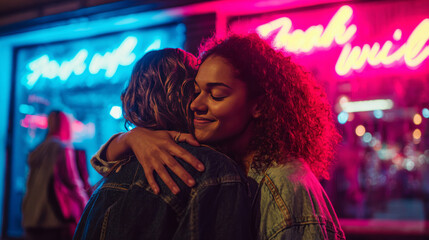 Friends reconnect in city nightlife, wrapped in bold light and heartfelt warmth