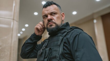 Serious bodyguard in tactical suit