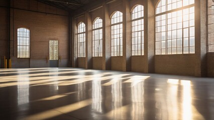 Defocused Background of Warm Light Streaming Through Windows in Abandoned Warehouse Interior During Golden Hour. Blurred Background Photo.