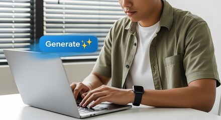 Man using laptop for online work, typing on keyboard, technology and business concept image