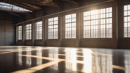 Defocused Background of Warm Light Streaming Through Windows in Abandoned Warehouse Interior During Golden Hour. Blurred Background Photo.