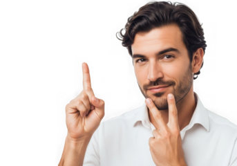 Handsome man pointing up and making peace sign isolated on transparent background
