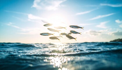 Leaping Fish Over a Golden Ocean Surface