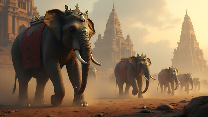 Naklejka premium Majestic Procession of Decorated Elephants Amidst Ancient Temple Cityscape