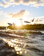 Airborne Silver Fish in Serene Ocean Scene
