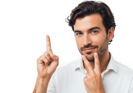 Handsome man pointing up and making peace sign isolated on transparent background