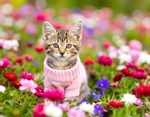 Cute kitten in a pink sweater amidst vibrant flowers