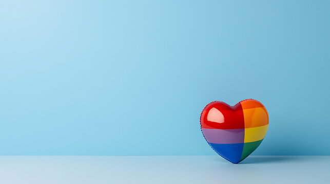 Rainbow heart balloon on a light blue background. Celebrate diversity and inclusion with vibrant colors! Symbol of love and pride in a minimalist setting. - Powered by Adobe