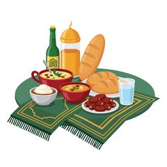 Islamic feast with soup, bread, dates, and drinks, displayed on a prayer mat.