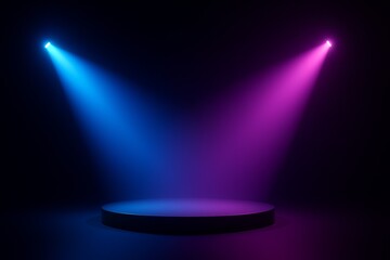 Empty stage with blue and pink spotlights casting beams onto a circular platform