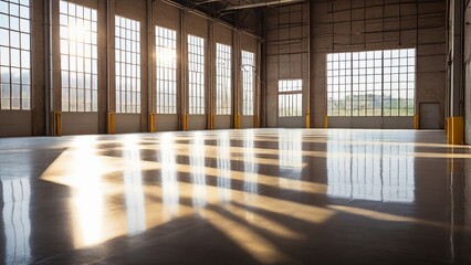 Defocused Background of Warm Light Streaming Through Windows in Abandoned Warehouse Interior During Golden Hour. Blurred Background Photo.