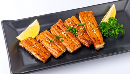 Grilled eel slices on a dark plate with lemon and herbs