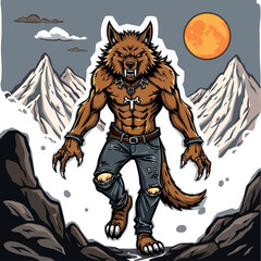 Fototapeta premium a werewolf standing atop a mountain with a full moon in the background. The werewolf is animated, with its fur and features clearly visible. The mountain is covered in snow and the sky is filled