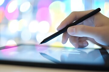 Hand Holding Stylus Pen Over Tablet Screen with Colorful Bokeh Background