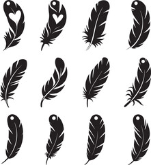 Black feather silhouettes with heart shapes and decorative elements white
