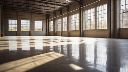 Defocused Background of Warm Light Streaming Through Windows in Abandoned Warehouse Interior During Golden Hour. Blurred Background Photo.