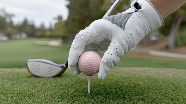 Hand in a white glove steadies a pink golf ball on a tee with a pink driver poised in the grass under clear blue skies, ready to drive - Powered by Adobe