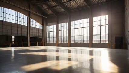 Defocused Background of Warm Light Streaming Through Windows in Abandoned Warehouse Interior During Golden Hour. Blurred Background Photo.
