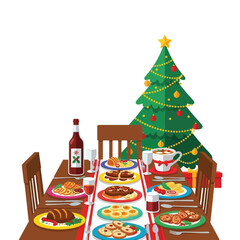 Festive Christmas dinner table setting with delicious food, wine, and a decorated tree.
