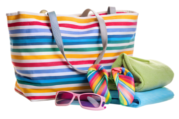 Beach bag with towel, flip flops and sunglasses isolated on transparent background for summer vacation and travel accessories concept