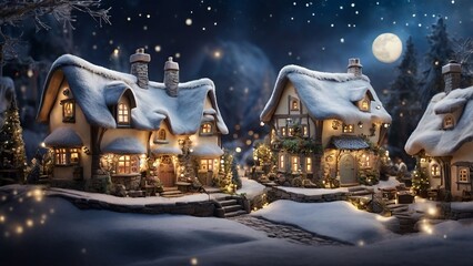 miniature houses in Europe village covered by snow at night with light up decoration. Christmas winter season for holiday background with copy space for text.