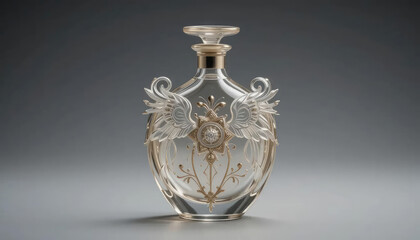 An angelic-themed glass flask with wing-shaped embellishments and halo top.