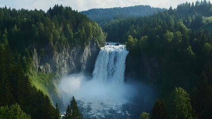 Majestic Waterfall Cascading Through Lush Green Mountain Forest